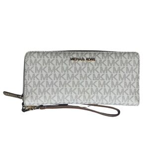 Michael Kors Jet Set Travel Wristlet Wallet MK Logo Zip Around Santiago Leather